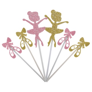 Topo de Bolo Palito Bailarina 6 Peças Glitter Dourado Rosa 15 cm Vivarte - Inspire sua Festa Loja