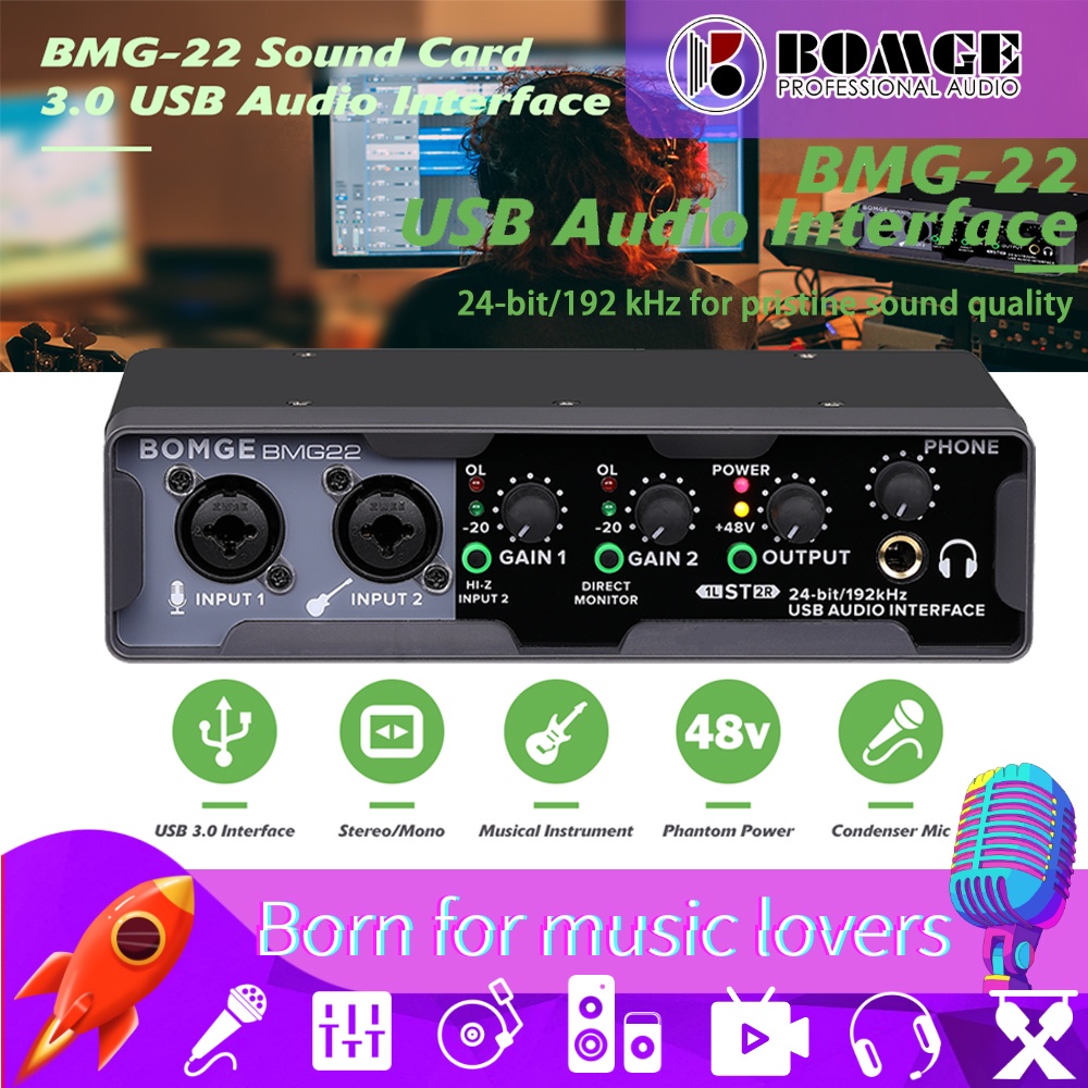 BOMGE Interface De Áudio USB (24-bit/192 kHz) Com XLR , phantom power , Monitoramento Direta , Loopback Para PC Gravação , Streamingist , Vocalist , Podcasting