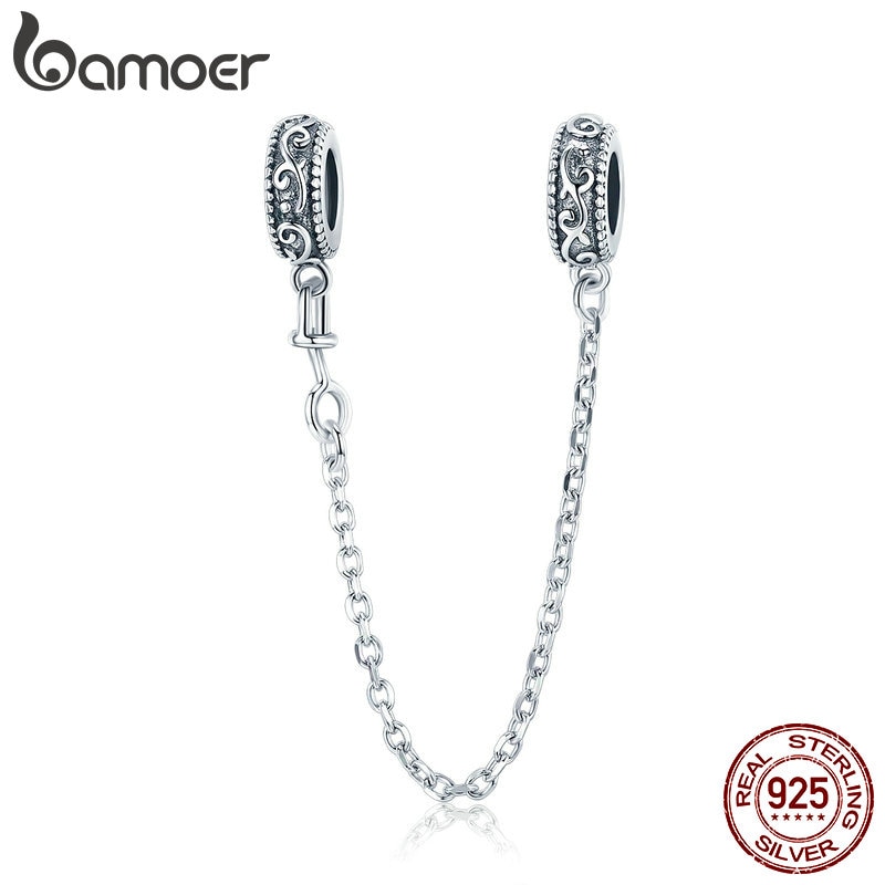 Bamoer 925 Sterling Silver Vintage Vine Safety Chain Charm for Original Silver Bracelet Charms with Silicone Stopper SCC1546 em Oferta na Shopee