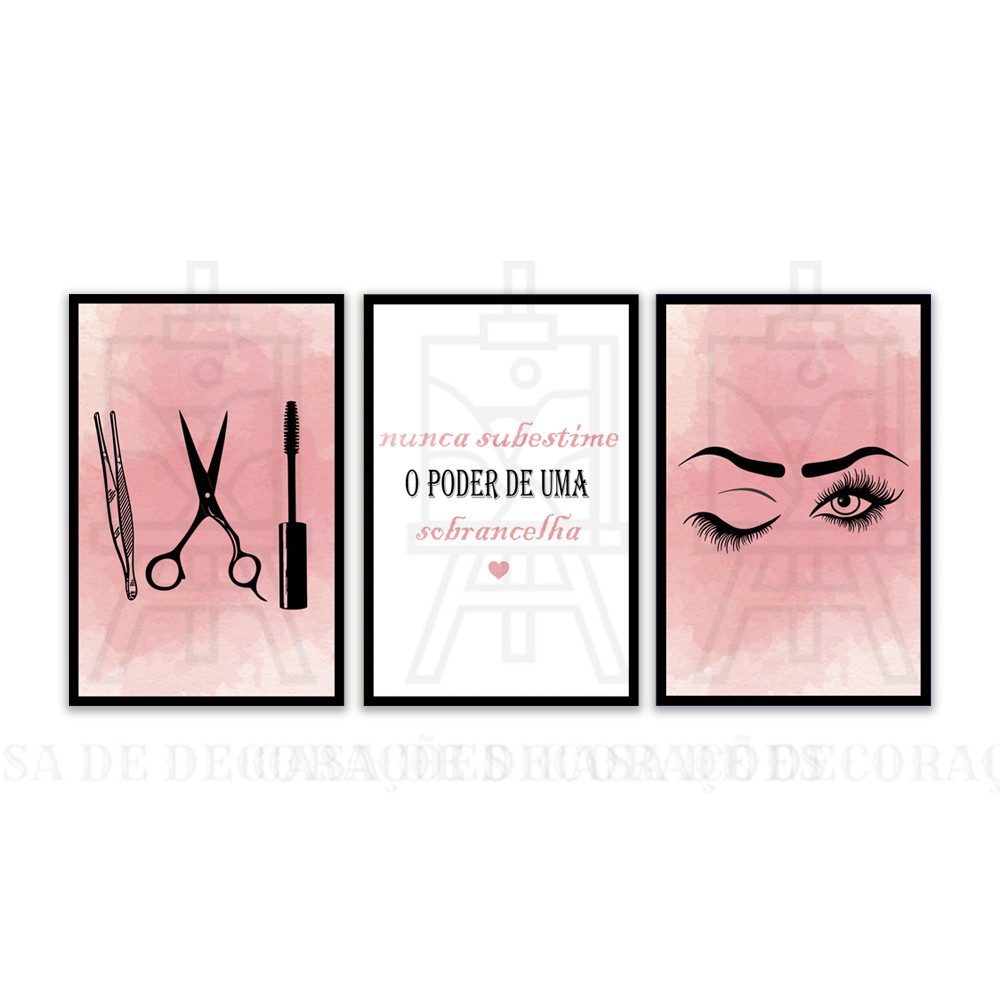 Kit Quadros Decorativos 3 Peças Mosaico Conjunto Decoração Salão de Beleza Sobrancelha Feita Frase Nunca Subestime o Pode de Uma Sobrancelha Cabelereiro Estilo Mulher Linda Tesoura Pinça Rimeu Olhos