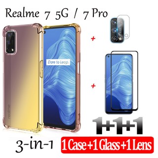 (3in1) Realme 7 （4G/5G ）/ 7 Pro four-corner drop-resistant color mobile phone case + tempered glass film + Lens film