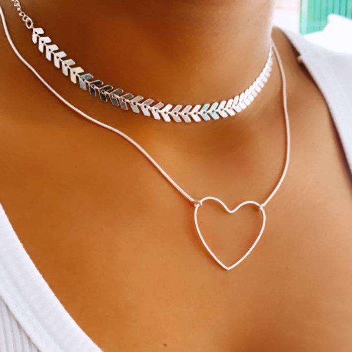 gargantilha Choker escama prata ajustavél + corrente Colar pingente de coração vazado folheado a prata