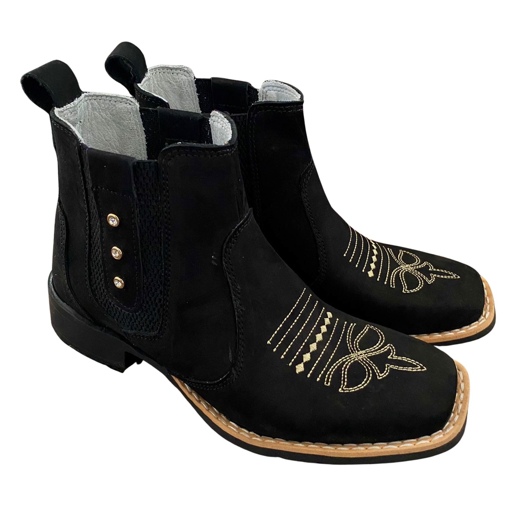 Botina Country Texana Preta Feminina Couro Legitimo Bico Quadrado Cano ...
