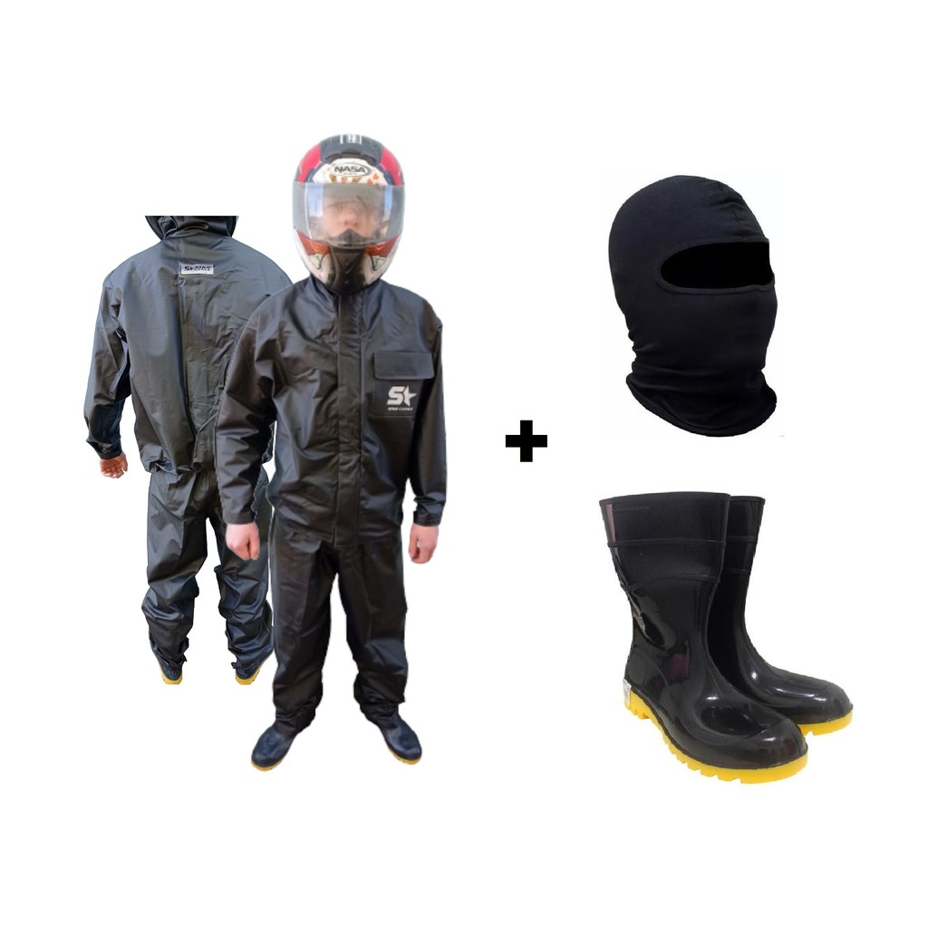 Capa De Chuva Conjunto Calça Jaqueta Impermeavel Luxo Pvc Com Bolso Moto/Motoboy/Motoqueiro+ Bota Borracha + Touca Ninja em Oferta na Shopee