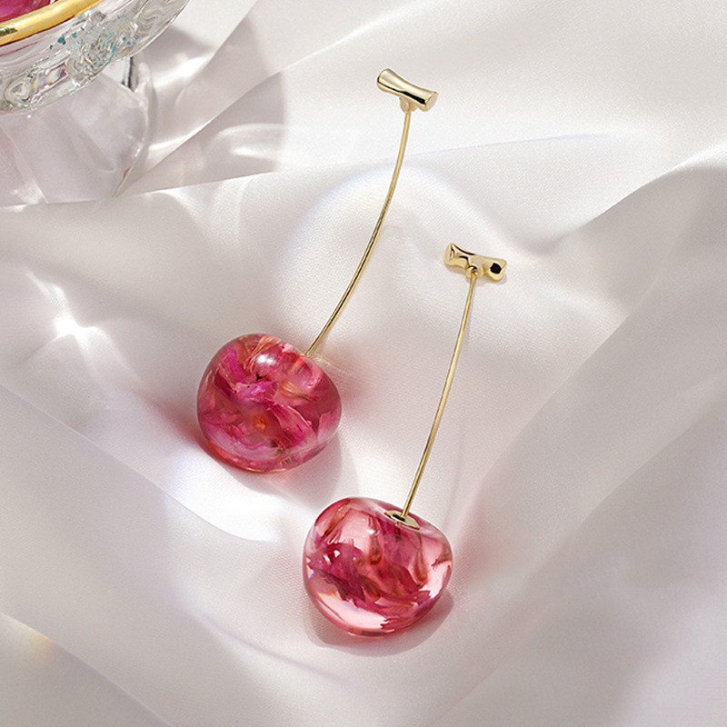 Novo design de resina linda menina cereja fresca cereja cereja suave rosa seca flor brincos brincos femininos