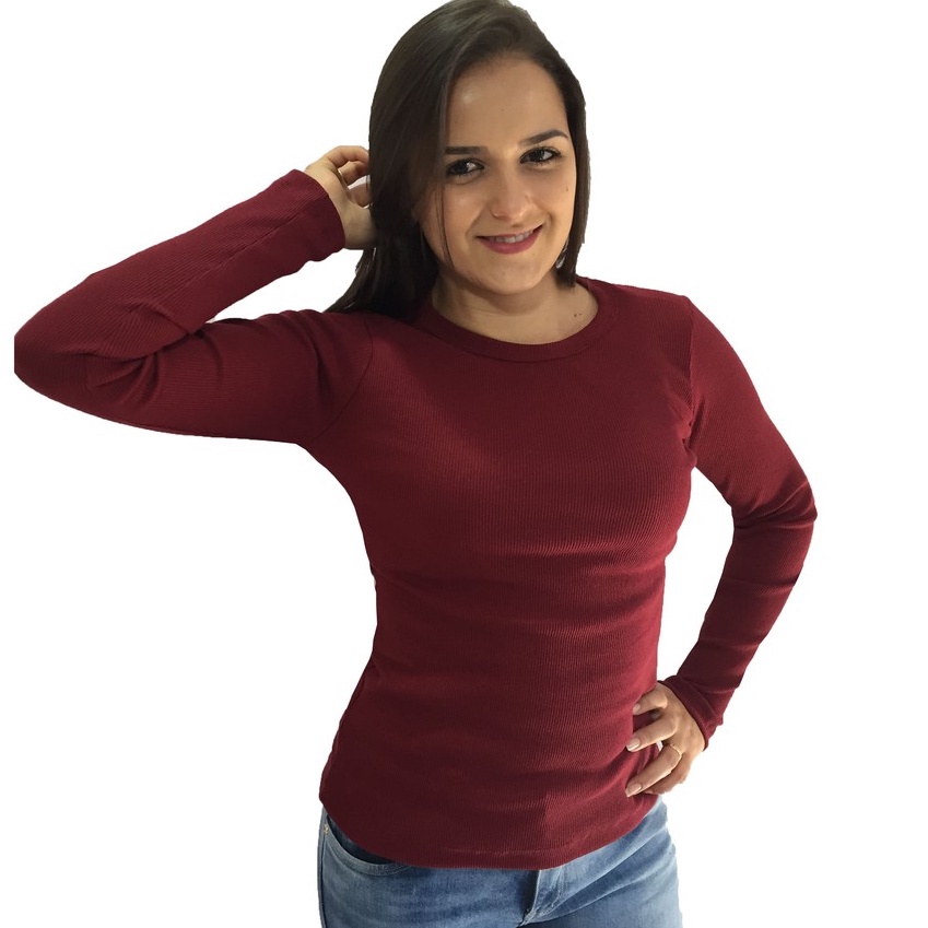Blusa Feminina Manga Longa Malha Canelado Ribana Moletom Frio