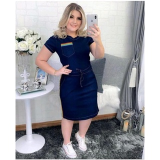 Vestido Midi Jeans Com Bolso Justo Com Listras Moda Comportada Evangélica
