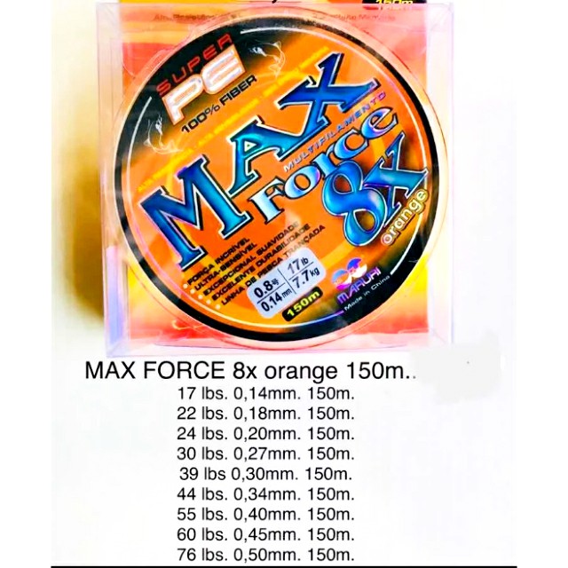 LINHA MULTIFILAMENTO MAX FORCE 8X (0,30MM 39LB 17.7KG) 150M LARANJA ORIGINAL MARURI