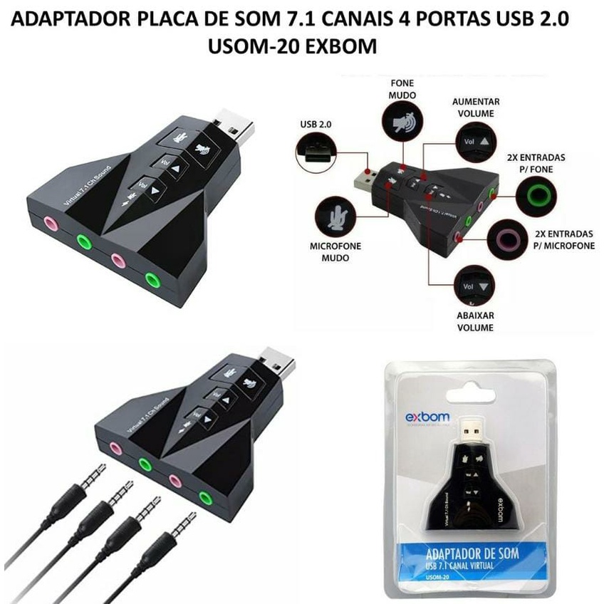 Adaptador Placa de Som 7.1 Canais 4 Portas Usb 2.0 Exbom Usom-20