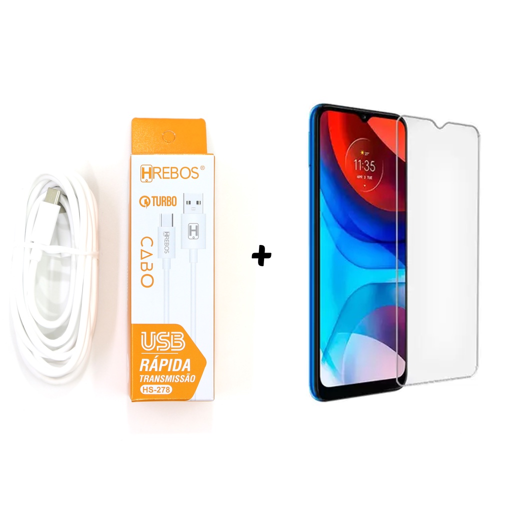 CABO HREBOS TIPO C 2M TURBO + PELICULA DE VIDRO MOTO E7 POWER ULTRA RESISTENTE MOTO E7 POWER