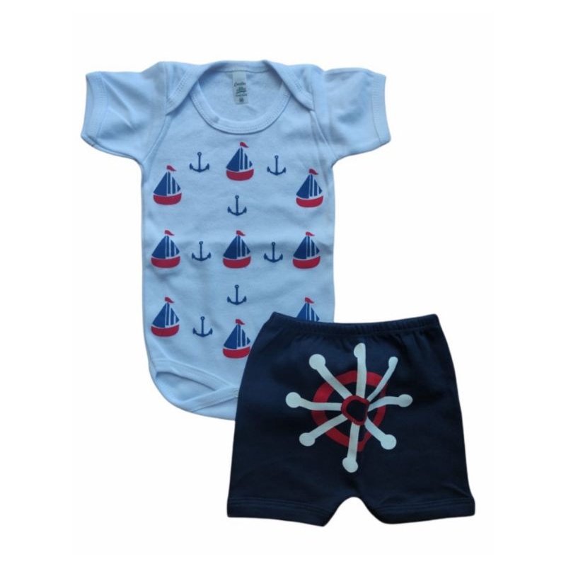 Conjunto  Marinheiro Short + Body Manga Curta Temático Fantasia Em Algodão Roupa Para Bebê Para Verão
