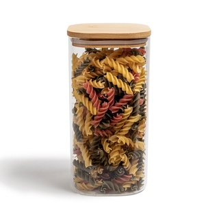 Pote De Vidro Mantimentos Quadrado Flat 1400ml Tampa Bambu - Oikos