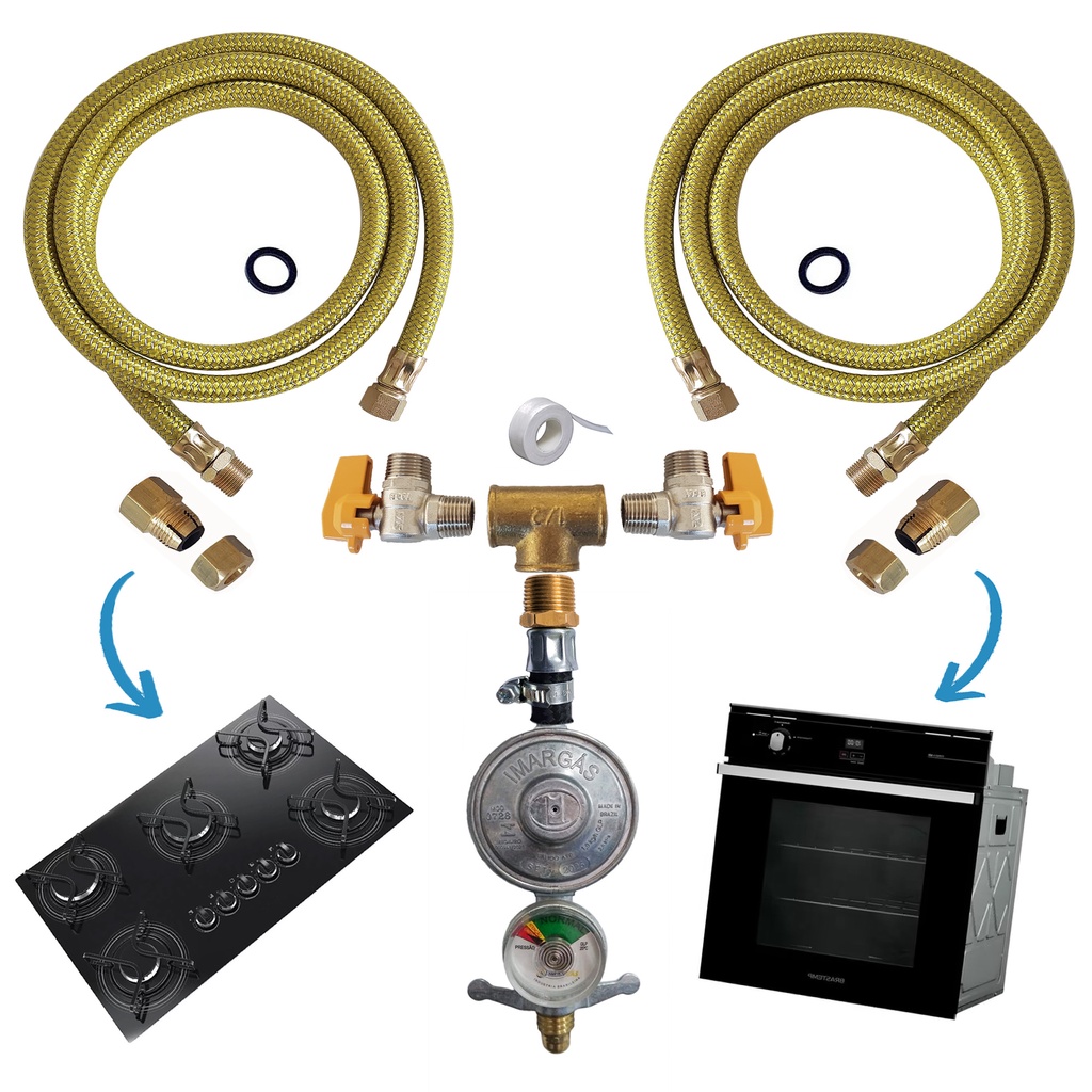 Kit Gas uso duplo Cooktop e Forno + Registro com Medidor de gás 1kg para botijão Mangueiras de Aço Inox
