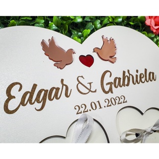 Porta Aliança em mdf personalizado nome do casal passaros em acrilico rose gold em Oferta na Shopee
