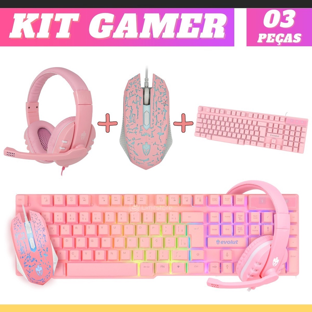 Kit Gamer Rosa Teclado semi mecanico Mouse Headset fone Completo para ...