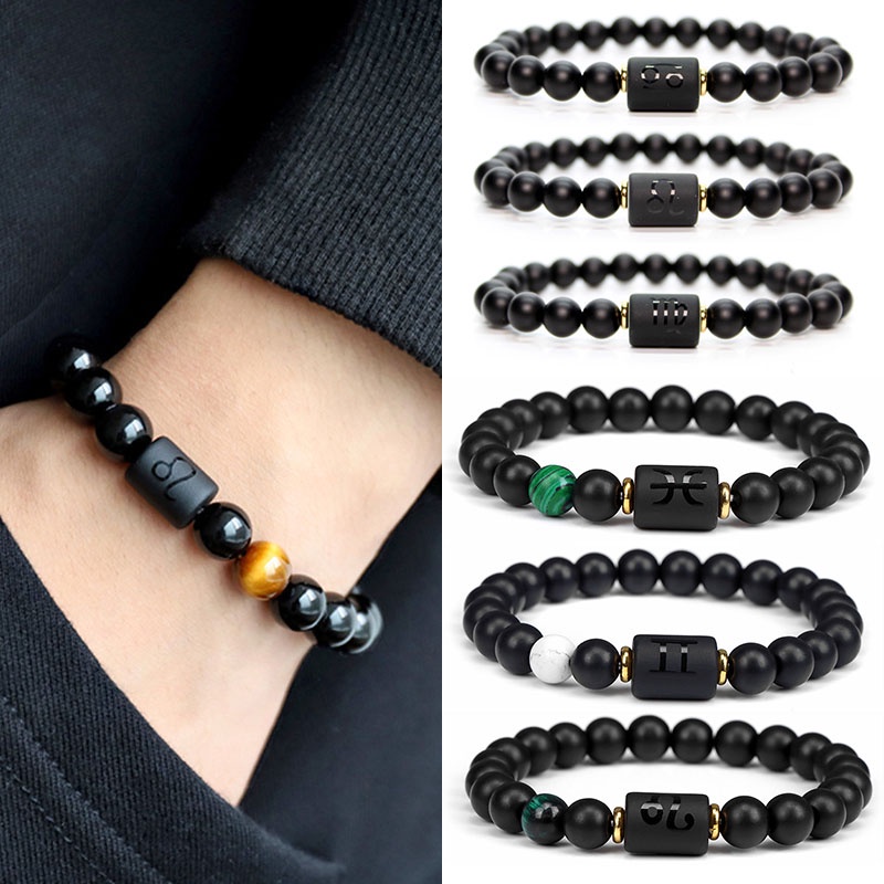 Grânulos De Pedra Preto 12 Constelação Casal Pulseira Homens Mulheres Unisex Pulseiras De Ágata Natural Masculina