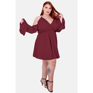 Vestido Curto Feminino Plus Size Ciganinha com Bojo Alças Manga Longa Flare Cintura Alta Soltinho Forrado Tamanhos grandes 46 48 50 52 54 56