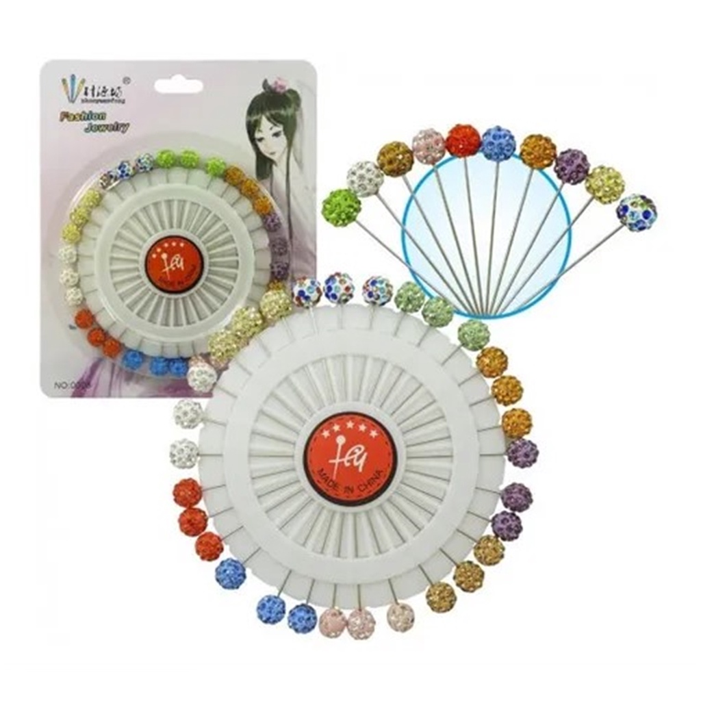 Alfinete Longo Cabeça Bola C/ Strass Artesanato - 30pçs