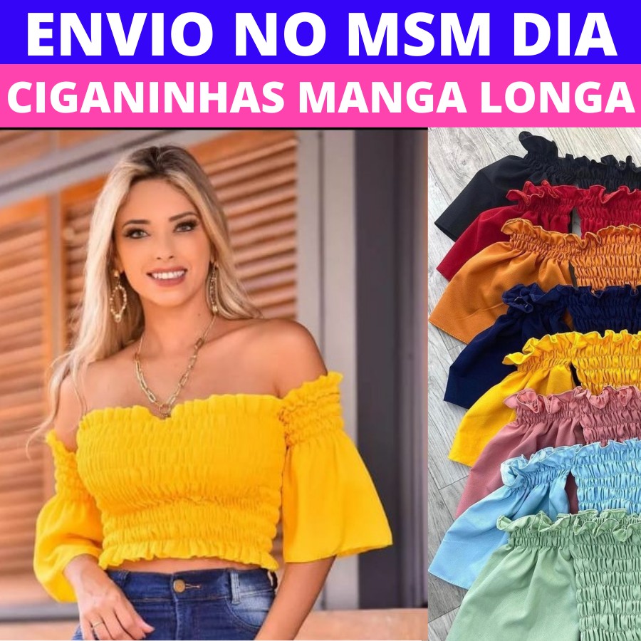 Croped Lastex Ciganinha Manga Longa Feminina Tomara que Caia em Oferta na Shopee