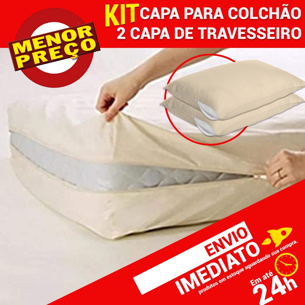 Kit Capa Protetor Colchão Solteiro + 2 Capas Travesseiro Bege Antiácaro c/ Zíper Proteção Total - Envio Imediato