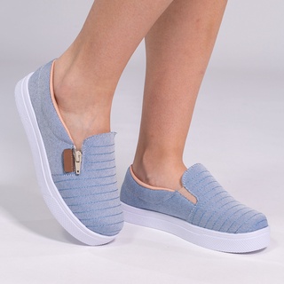 Tênis Feminino Slip On Casual Zíper Napa Jeans Lançamento