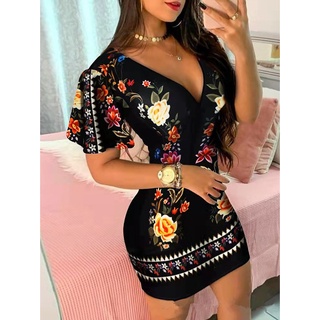 Vestido Bodycon Feminino Com Estampa Floral/Gola V/Sexy/Da Moda/Hip 2022