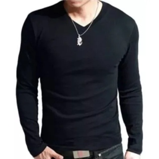 Camisa masculina gola V com manga longa 100% algodão em Oferta na Shopee