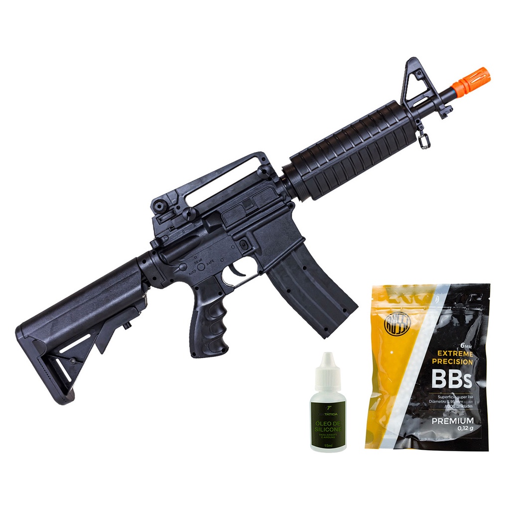 Rifle Fuzil Spring Airsoft Vigor M4A1 8918, BBs Rossi 0.12g 1000un e Óleo Silicone