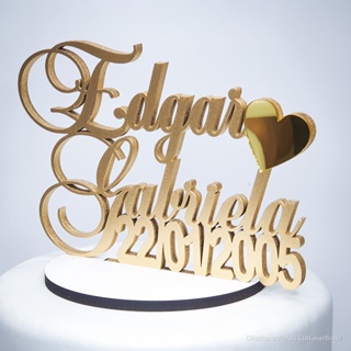 Topper De Bolo Mdf Personalizado Casamento Decoração Dourado em Oferta na Shopee