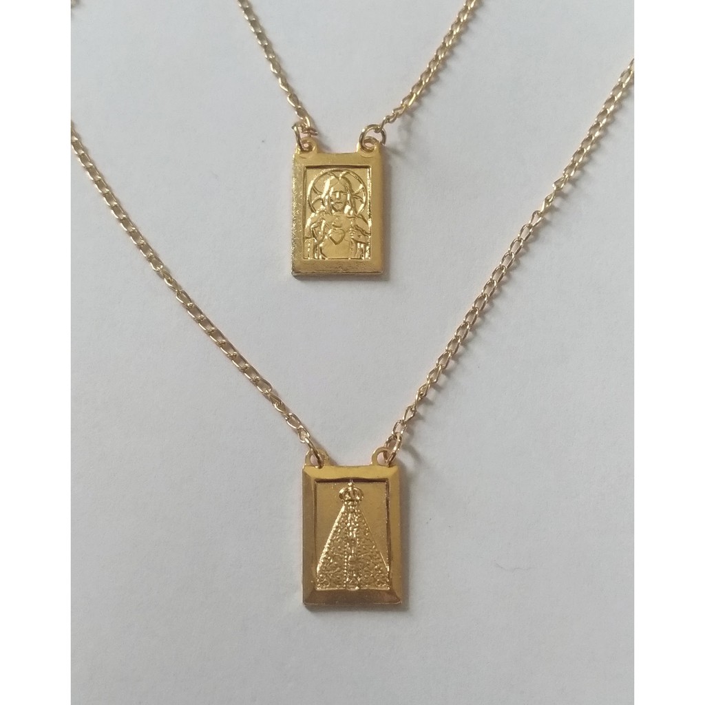 Escapulário colar corrente Nossa Senhora Aparecida e Sagrado Coração de Jesus folheado ouro MODELOS