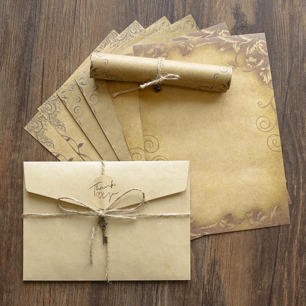 Kit de Papelaria Vintage: Papel Carta e Envelopes em Kraft Antigo, com 2 Cordas de Cânhamo e 2 Acessórios Metálicos para em Oferta na Shopee