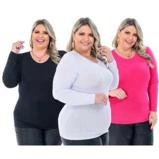 Blusa Plus Size Segunda Pele Gola V Manga Longa Básica G1 G2 E G3 PROMOÇÃO