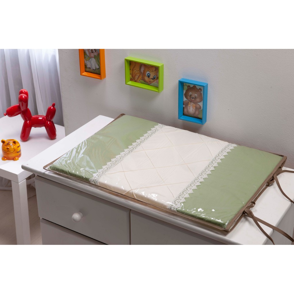 Trocador para Bebê Verde e Marfim com Guippir Bordado - Trocador Luxo p/ Quarto bebe Menino