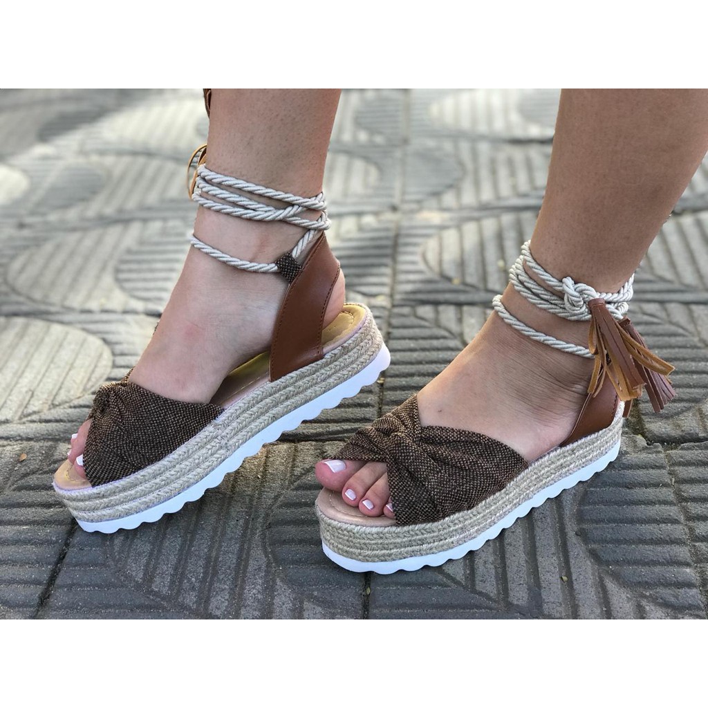 sandália amarrar flatform corda anabela tratorada