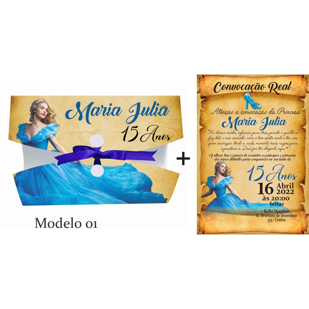 Convite Cinderela Aniversário 15 anos com Envelope Personalizado Convite Pergaminho