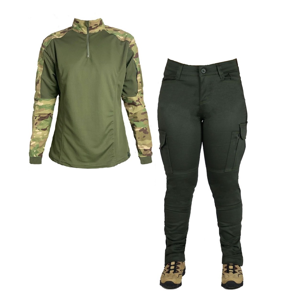 Farda (Calça Fem-Tac + Combat Shirt Feminina) Militar Tática Bélica Camuflada Multicam + Verde