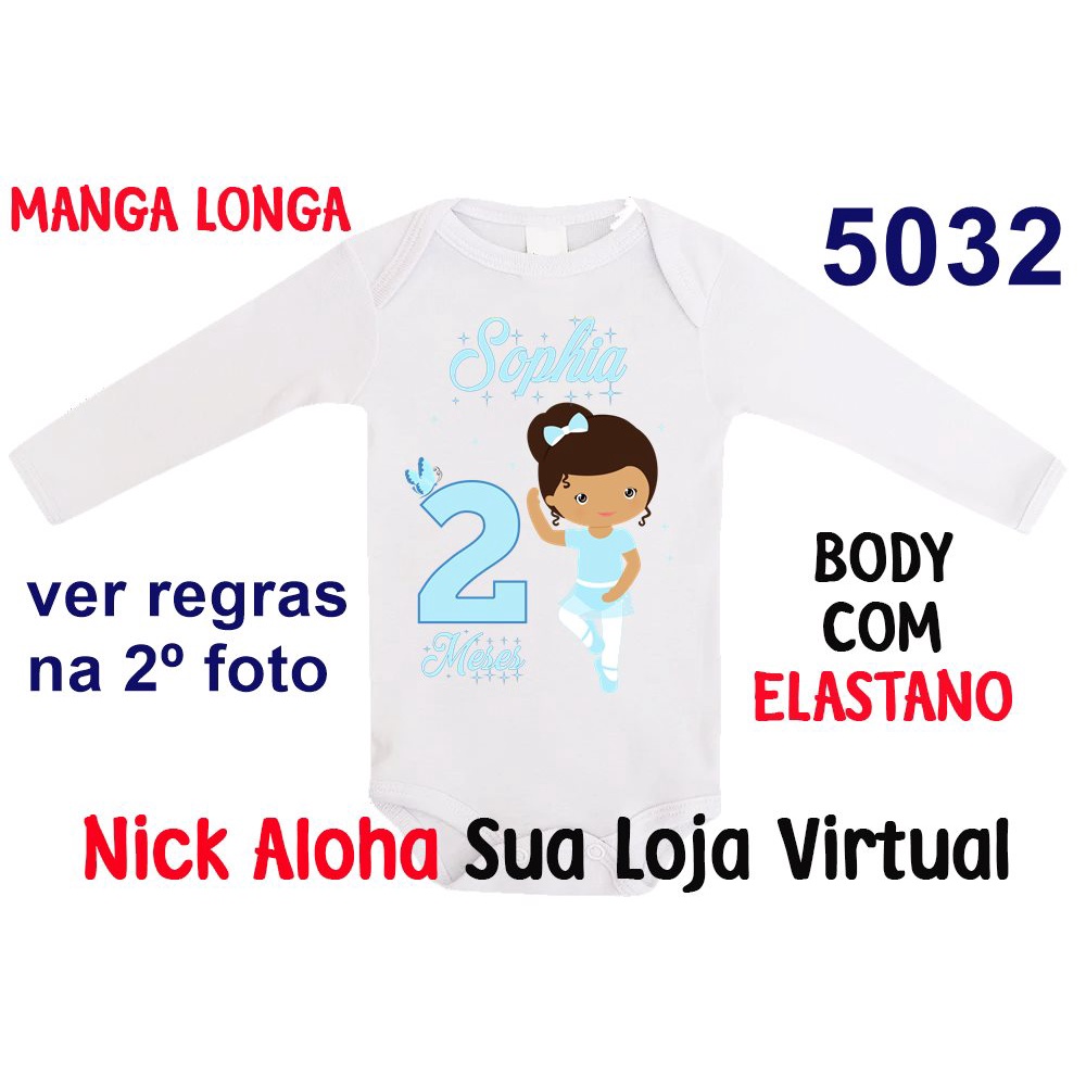 BODY BEBÊ MANGA LONGA PERSONALIZADO BAILARINA MÊS ANIVERSÁRIO COM NOME E MÊS DESEJADO CÓD 5032