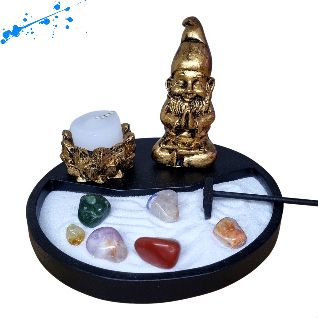 Jardim Zen Japones  Gnomo Duende Meditando + Castiçal Incensario Vareta