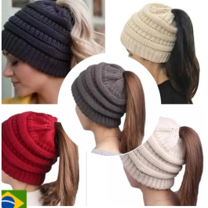 Touca Feminina Inverno Gorro De Lã Com Furo Para Rabo De Cavalo