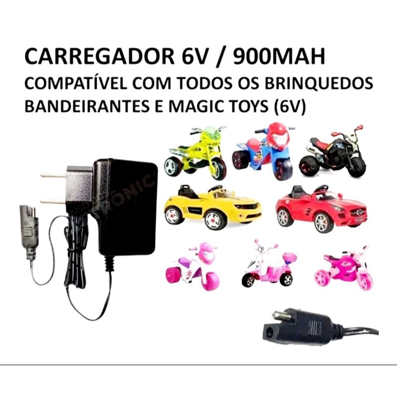 Carregador Para Moto E Carrinho Elétrico Infantil 6v 900ma e 6v 500ma Bandeirante Toys