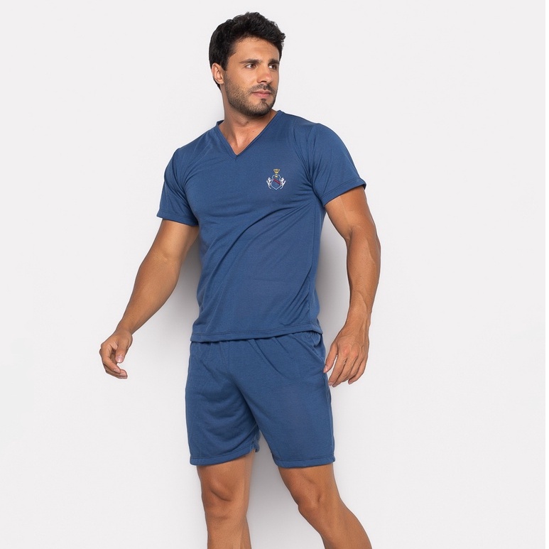 Pijama Masculino Com Botão Adulto Blusa Manga Curta E Shorts