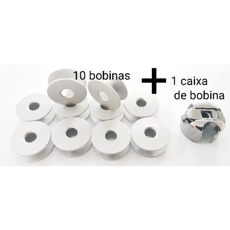 kit 10 carretilha, bobina, canelinha de alumínio +1 caixa de bobina para máquina de costura reta industrial bobina baixa