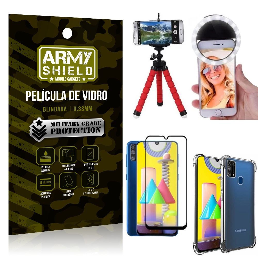 Kit Mini Tripé + Selfie Ring Light Galaxy M31 + Capa Anti Impacto + Película Vidro 3D