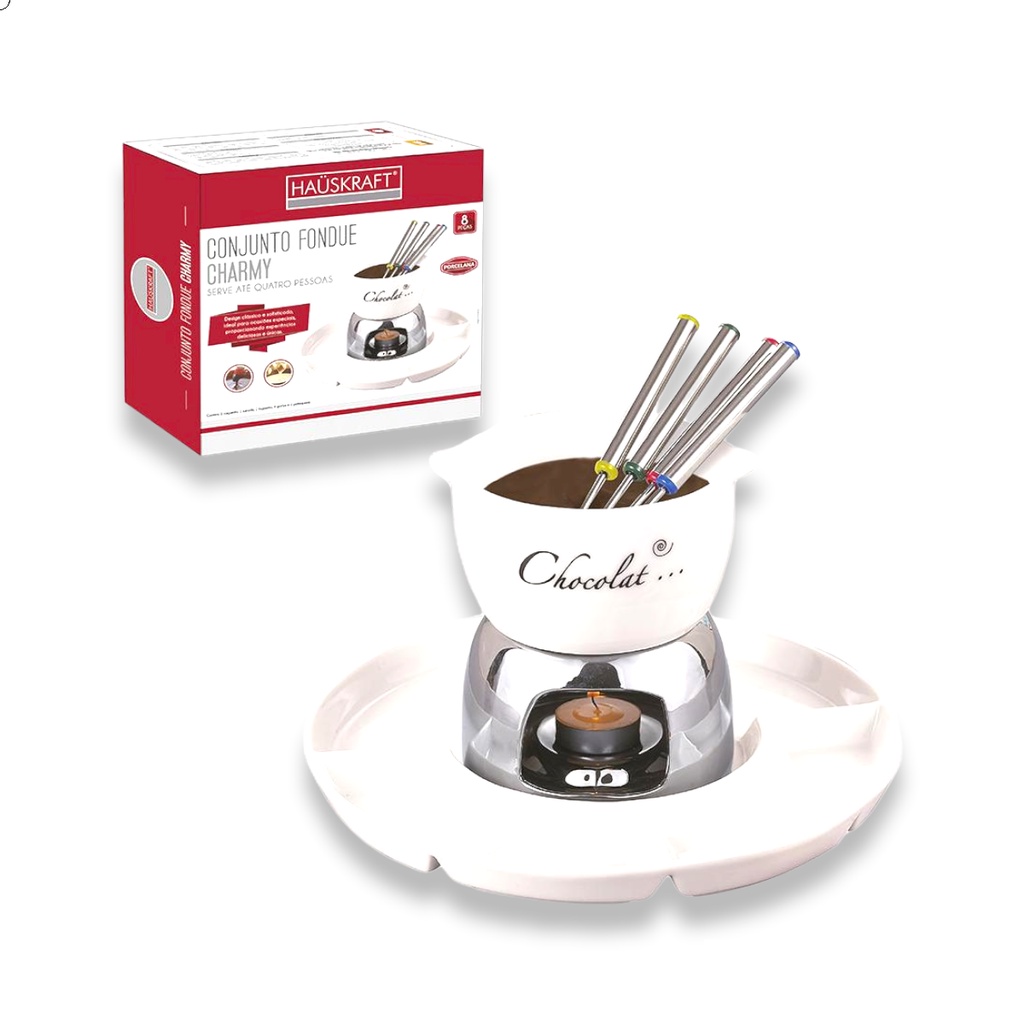 Conjunto Aparelho De Fondue Charmy Chocolate Frutas Queijos 8 Peças