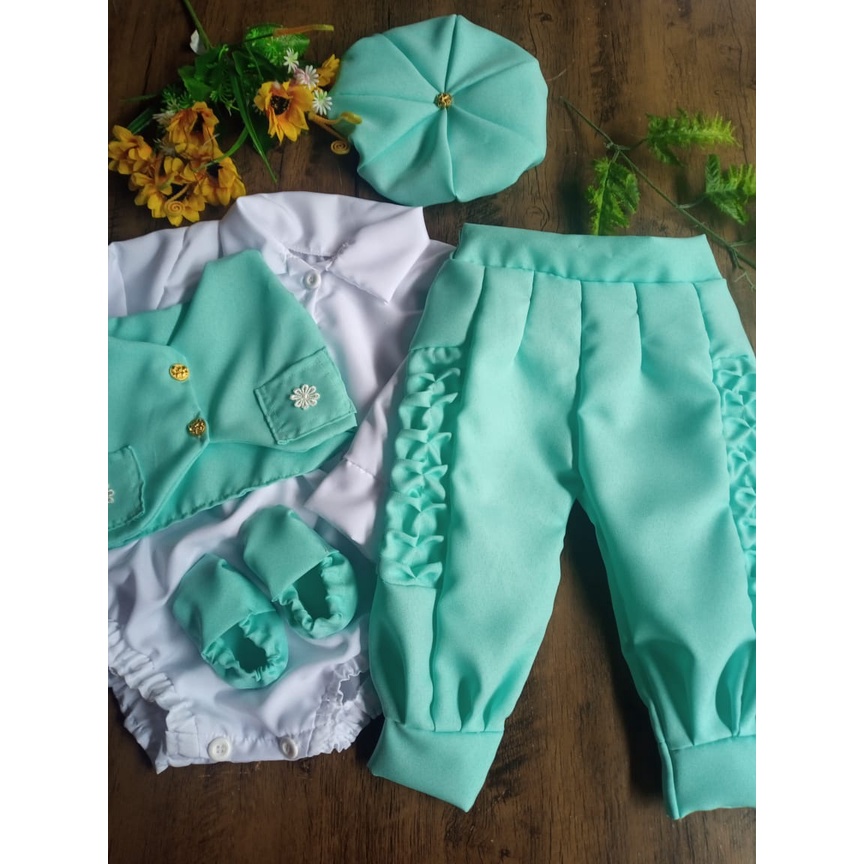 Pilcha de gaúcho infantil Verde Água-> bombacha, colete, boina, lenço, alpagarta e body -> Saída de Maternidade