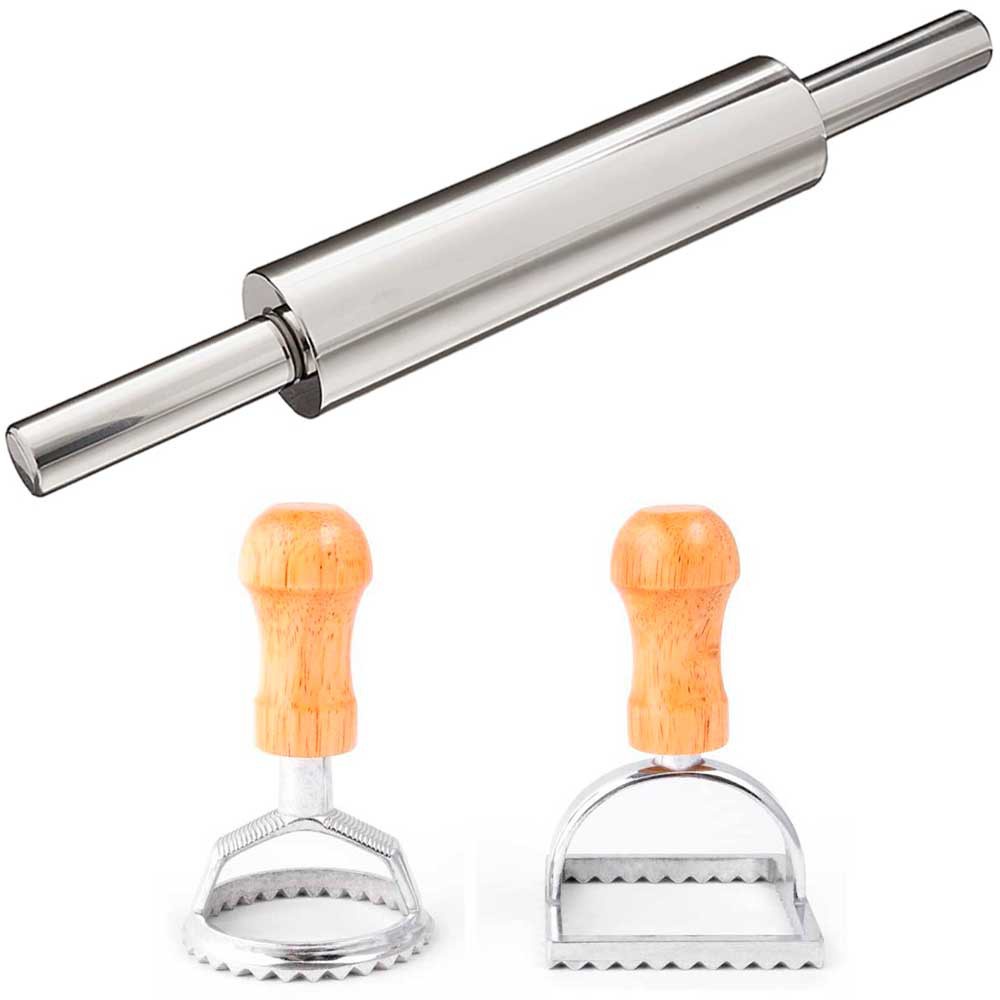 Rolo de Inox para abrir massas pizza pasta americana doces salgados receitas culinária confeiteiro e 1 modelador recortador de ravioli pastel pastelzinho quadrado 7cm e 1 modelador redondo 6cm