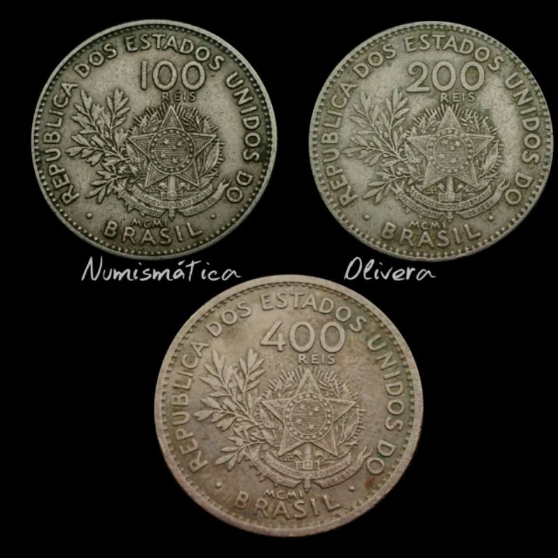 Moedas antigas 100, 200 e 400 réis 1901 - Brasil.