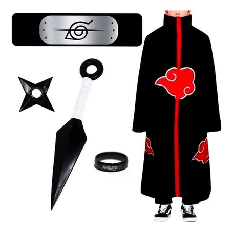 Roupa Naruto Akatsuki Kit Bandana Itachi Com Anel Preto