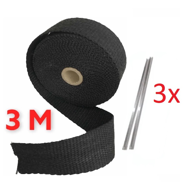Manta Fita Termica Termotape Preta 3 Metros + 3 Abraçadeiraspara Escapamento Coletor Carro e Moto