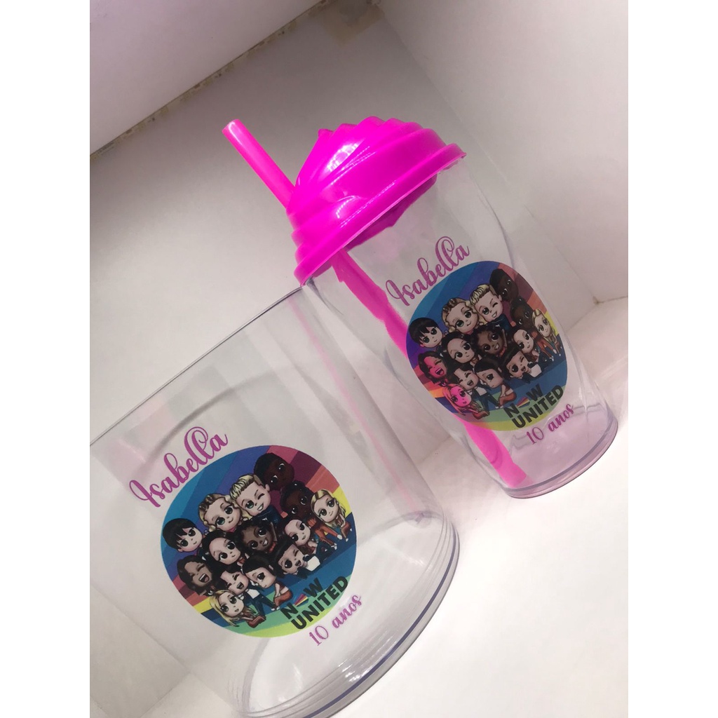 50 Kits baldes de pipoca + 50 twister 500ml Now United Personalizados Com Tampa Chantilly
